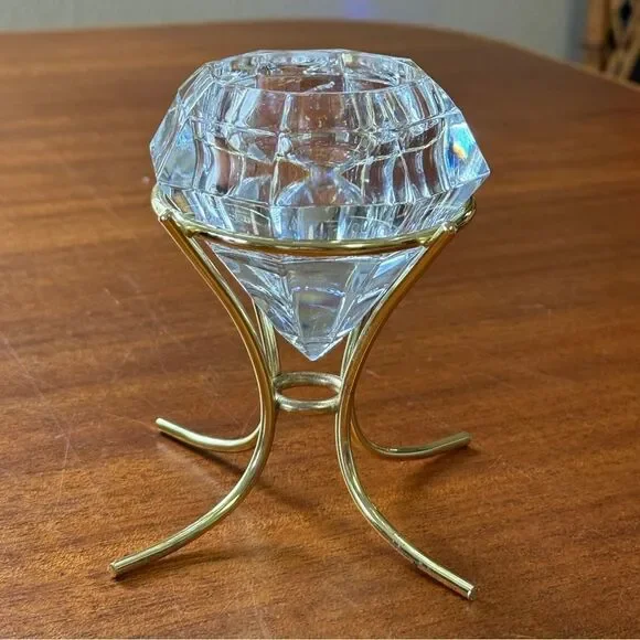 PARTYLITE Diamond Solitaire Shaped 24% Lead Crystal Candle Holder Gold Stand - Picture 5 of 10